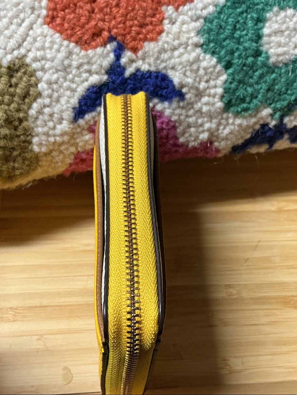 Michael Kors Yellow Pebbled Leather Zip Card Wallet with Brown and Cream Stripes - Picture 5 of 8